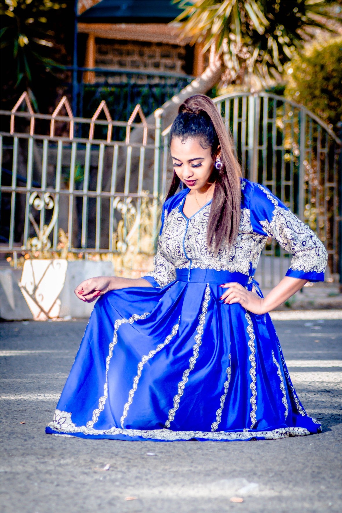 Blue Pattern Chiffon Dress