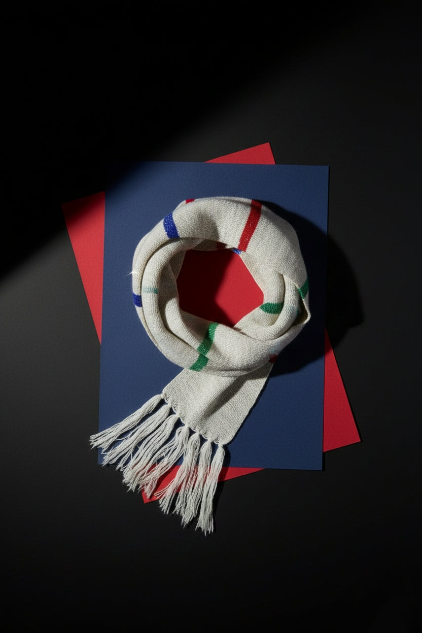 Silver HZAM Heritage Scarf by WELEBA with intricate woven pattern and soft fabric, displayed flat on a neutral background.