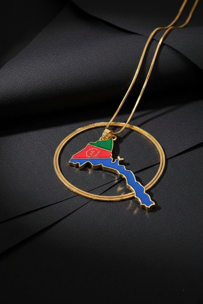 Eritrean flag and map design necklace by WELEBA, featuring vibrant colors and detailed map outline on a pendant.