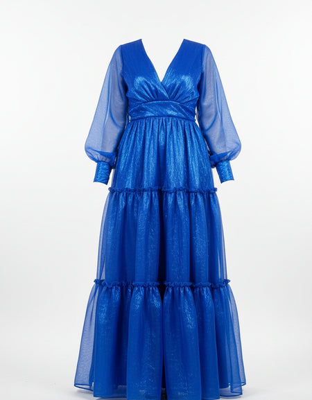 Blue Silk Chiffon V-Neck Dress