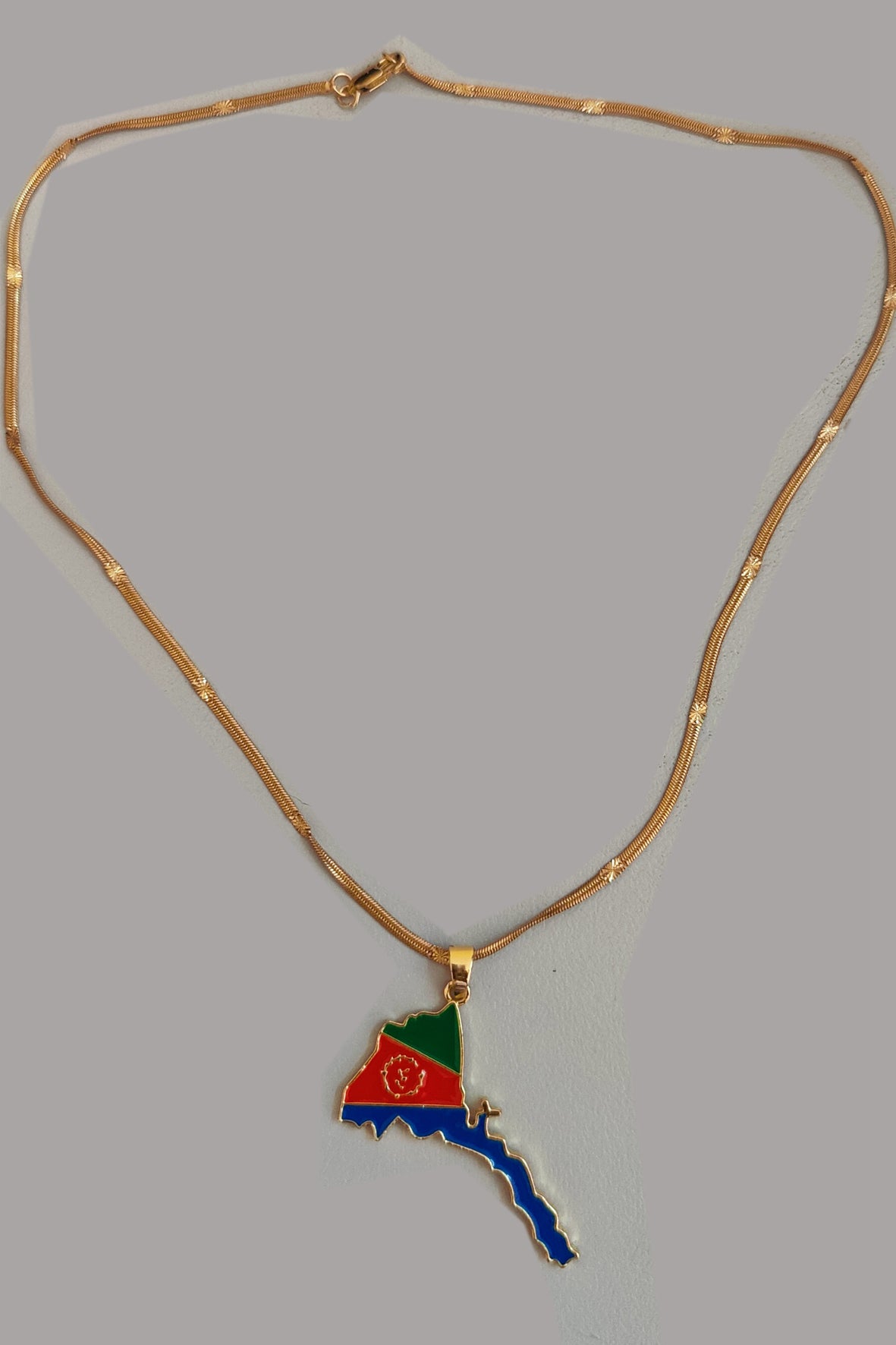 Eritrean flag and map design necklace by WELEBA, featuring vibrant colors and detailed map imagery on a silver chain.